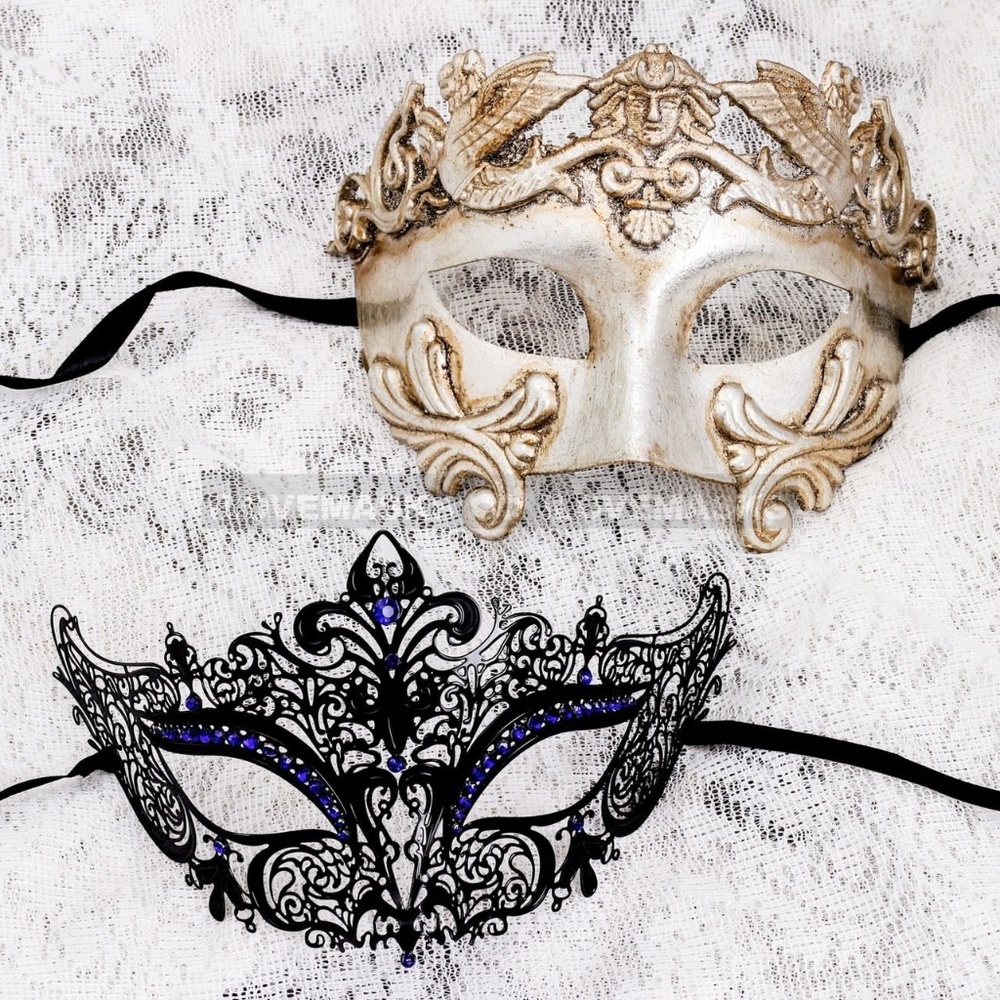 Black Silver Metallic Full Face Roman Princes Mask Couple's Masquerade Party